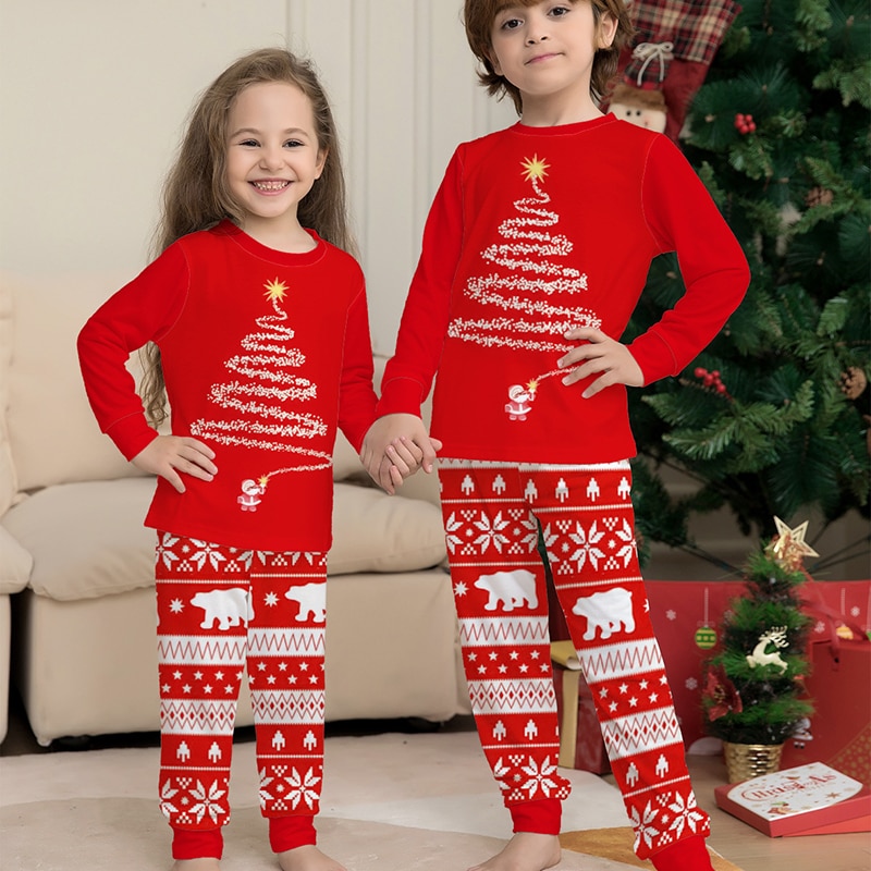 Pyjama Famille Noël Rouge - Ensemble Couple Parents Enfant - Manches Longues Coton Doux - Pour Soirée Fête